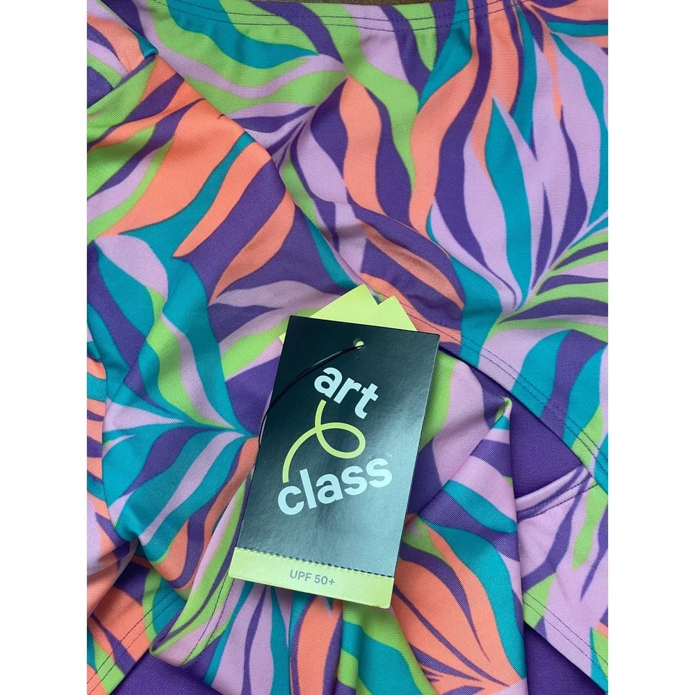 Art Class Girls Long Sleeve Rash Guard Swim Top Tropical Leaf Print Purple Large